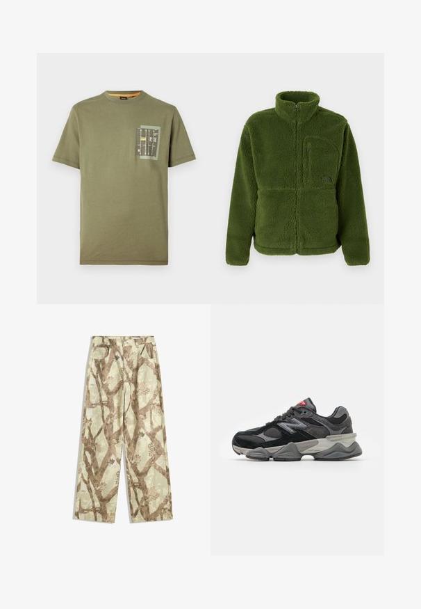 Green full-zip fleece jacket with high collar, zippered chest pocket, long sleeves, and soft textured fabric.; Olive green cotton t-shirt with a rounded neckline and short sleeves. Features a pocket with a graphic print in black, yellow, and white accents.; Pants made of lightweight fabric in a light green shade, featuring a brown tree branch pattern, wide-leg design, and two front pockets.; Black and gray sneaker with a mix of suede and mesh materials, thick sole, prominent logo, and red accent on the tongue.