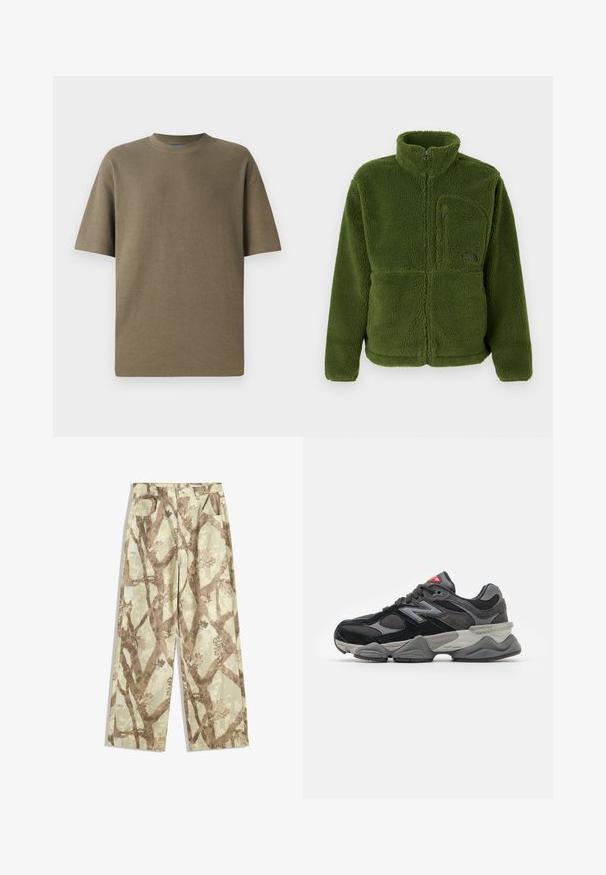 Groene fleecejack met volle rits, hoge kraag, ritszak op de borst, lange mouwen en zachte textuur.; Khaki geribbelde t-shirt met korte mouwen en ronde hals, met een relaxte pasvorm en zachte textuur, geschikt voor casual wear.; Broek van lichtgewicht stof in een lichtgroene tint, met een bruin takpatroon, wijd model en twee voorzakken.; Zwarte en grijze sneaker met een mix van suede en mesh materialen, dikke zool, opvallend logo en een rode accent op de tong.