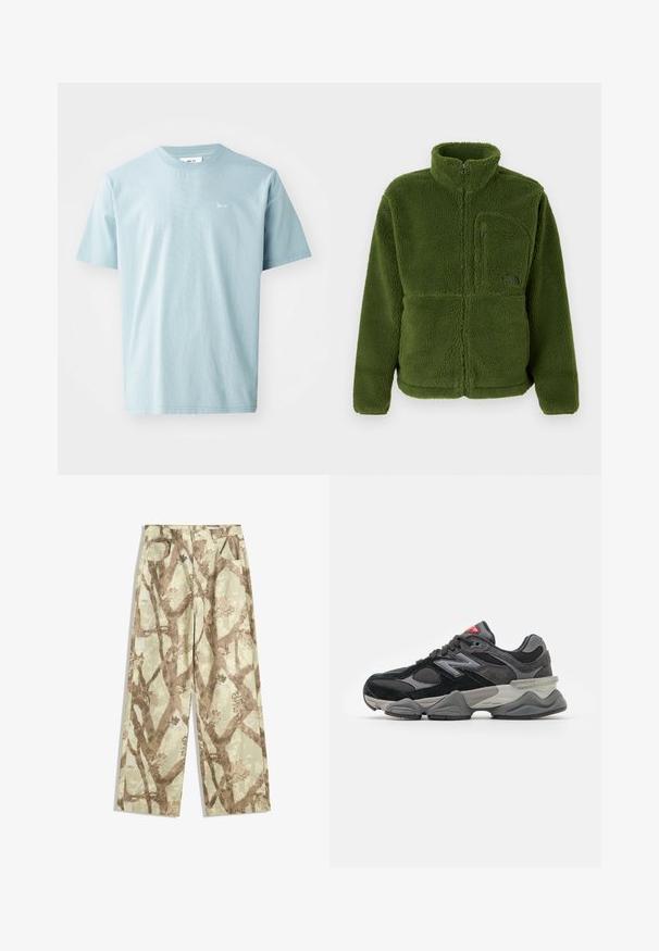 Green full-zip fleece jacket with high collar, zippered chest pocket, long sleeves, and soft textured fabric.; Light blue cotton T-shirt with short sleeves, crew neck, and small white branding on the front. Smooth texture, casual design.; Pants made of lightweight fabric in a light green shade, featuring a brown tree branch pattern, wide-leg design, and two front pockets.; Black and gray sneaker with a mix of suede and mesh materials, thick sole, prominent logo, and red accent on the tongue.