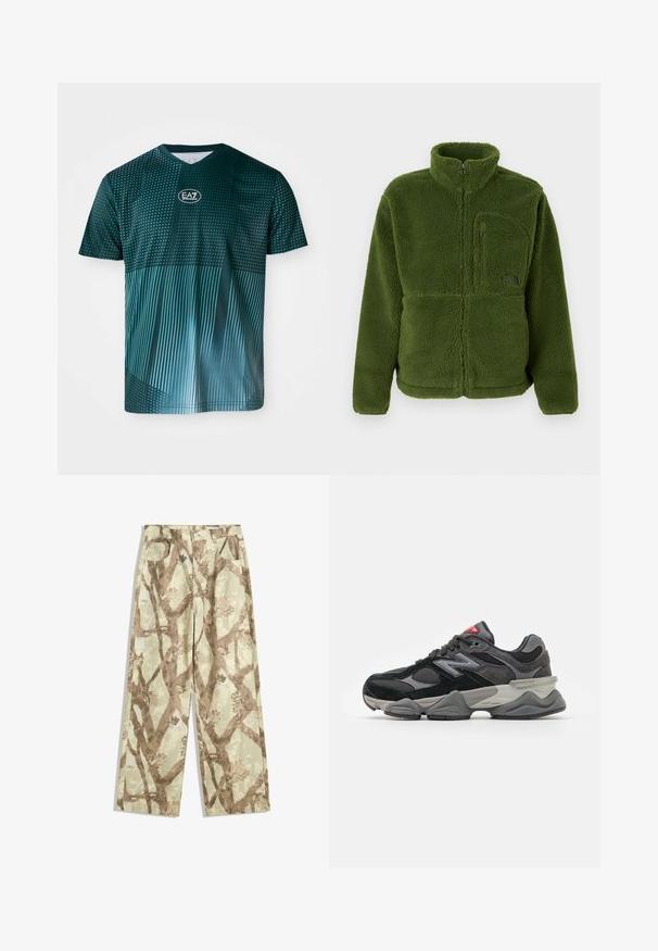 Zelená fleecová bunda s plným zipem, vysokým límcem, zipovou náprsní kapsou, dlouhými rukávy a měkkou texturovanou tkaninou.; Zelené tričko s krátkým rukávem ve tvaru V s gradientním vzorem; obsahuje tečky a čáry v kontrastních odstínech. Logo značky je umístěno uprostřed na hrudi.; Kalhoty z lehkého materiálu v světlé zelené barvě, s hnědým vzorem větví, širokým střihem a dvěma předními kapsami.; Černé a šedé sneakersy se směsí semišových a síťovaných materiálů, silnou podrážkou, výrazným logem a červeným akcentem na jazyku.