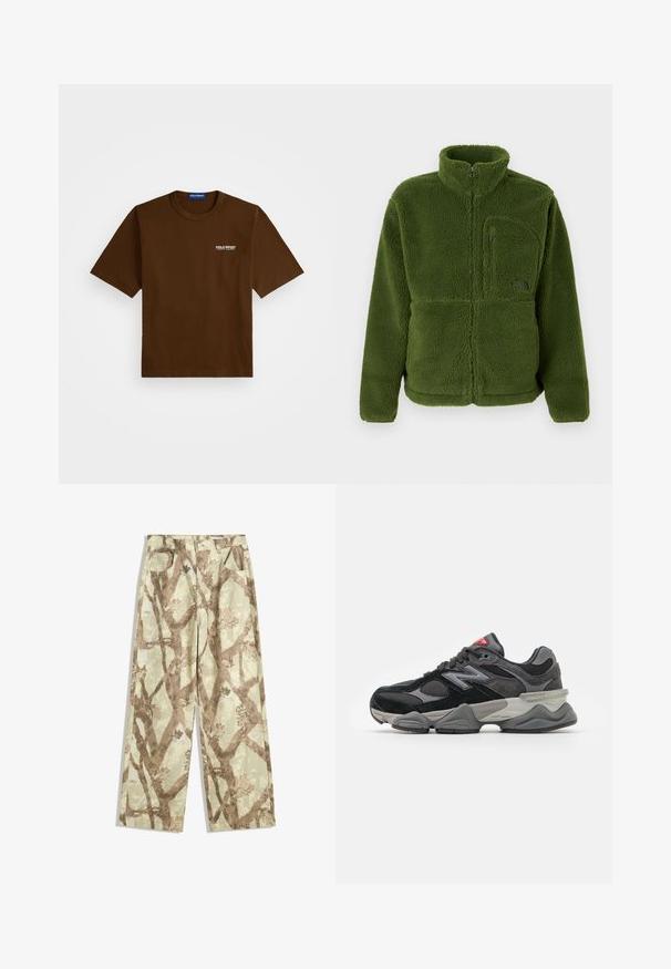 Zelena flis jakna z dolgim zipom in visokim ovratnikom, z žepom na zadrgo na prsih, dolgimi rokavi in mehkim teksturiranim materialom.; Brahk srajc s kratkimi rokavi s belim logotipom "Polo Sport Ralph Lauren" na levem prsnem delu in modro etiketo znotraj ovratnika.; Hlače iz lahkega blaga v svetlo zeleni barvi, z vzorcem rjavih drevesnih vej, širokega kroja in z dvema sprednjima žepoma.; Črne in sivo športne copate z mešanico semiša in mrežastih materialov, debele podplate, izrazit logotip in rdeč poudarek na ježku.