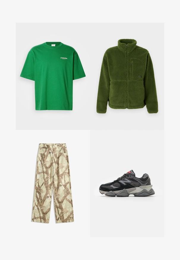 Zielona polarowa kurtka na zamek błyskawiczny z wysokim kołnierzem, kieszenią na suwak na piersiach, długimi rękawami i miękkim, teksturowanym materiałem.; Zielona bawełniana koszulka z luźnym fasonem, krótkimi rękawami i okrągłym dekoltem. Posiada małe białe logo z przodu.; Spodnie wykonane z lekkiego materiału w jasnym zielonym odcieniu, zdobione brązowym wzorem gałęzi drzewa, w szerokim kroju oraz z dwiema przednimi kieszeniami.; Czarno-szare sneakersy z połączeniem materiałów zamszowych i siateczkowych, gruba podeszwa, wyraźne logo oraz czerwony akcent na języku.