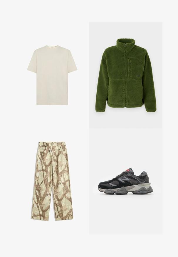 Vihreä täyspitkä vetoketjullinen fleece-takki, jossa on korkea kaulus, vetoketjullinen rintapocket, pitkät hihat ja pehmeä teksturoitu kangas.; Vaaleanbeige puuvillapaita, jossa on klassinen pyöreä kaula-aukko ja lyhyet hihat. Yksinkertainen, koristamaton muotoilu. Pehmeä kangas, normaali istuvuus.; Housut kevyestä kankaasta vaaleanvihreässä sävyssä, joissa on ruskeita puun oksia kuvaava kuvio, leveät lahkeet ja kaksi etutaskua.; Mustat ja harmaat lenkkarit, joissa on yhdistelmä mokkaa ja verkkomateriaaleja, paksu pohja, hallitseva logo ja punaisia yksityiskohtia kielekkeessä.