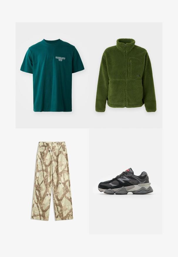 Zelená fleece bunda na zips s vysokým golierom, zipsovou náprsní kapsou, dlhými rukávmi a príjemnou textúrovanou látkou.; Tyrkysové bavlnené tričko s krátkymi rukávmi a okrúhlym výstrihom. Obsahuje biele logo "Carhartt WIP" na ľavej hrudi. Jednoduchý dizajn, rovný strih.; Nohavice vyrobené z ľahkej tkaniny v svetlozelenej farbe, so vzorom hnedých vetiev, širokým strihom a dvoma prednými vreckami.; Čierne a šedé tenisky s kombináciou semišu a sieťoviny, hrubou podrážkou, výrazným logom a červeným akcentom na jazyku.