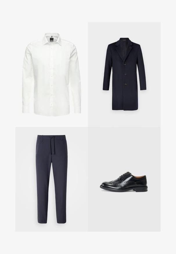 Marineblauwe wollen overjas met een notchkraag, vier knopen, steekzakken en een gladde textuur; op maat gemaakt voor een gestroomlijnde silhout.; Witte overhemd met lange mouwen, knopen aan de voorkant, klassieke kraag, gladde katoen stof, lichtgewicht, met subtiele stiksels en zonder patronen.; Marine joggingsbroek met een elastische tailleband en trekkoord. Gemaakt van een glad materiaal, met taps toelopende pijpen en zonder zichtbare zakken.; Tommy Hilfiger VOGUE - Zakelijke veterschoenen - black