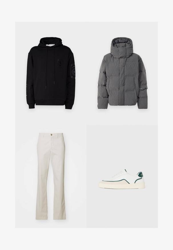 Veste doudoune grise isolante avec un col montant et une capuche. Présente un design matelassé et des poches latérales. Texture lisse avec une finition mate.; Iceberg FELPA - Sweat à capuche - nero; J.LINDEBERG LOIS CLOUD PANTS - Pantalon classique - moonbeam; Baskets basses blanches avec des bords verts, des détails en suède beige et une semelle de couleur crème avec un fond rainuré.