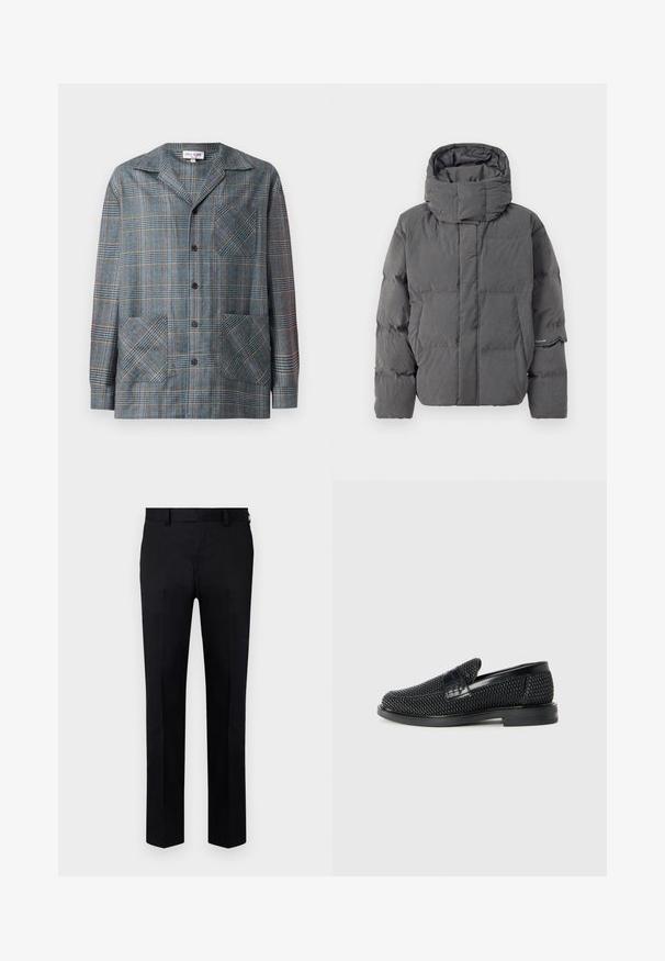 Hallikas isoleeritud tunkesärk kõrge kaeluse ja kapuutsiga. Omab tikkimist ja külje taskuid. Sile tekstuur ja mati viimistlusega.; Triibuline jakk sinises, hallis ja oranžis. Valmistatud sujuva tekstuuriga kangast. Omab kraed, esipaneeli nuppe ja kahte suurt kott-taskut.; Musta püksid, mis on valmistatud siledast kangast, sirge sääre disainiga, ees olevate voldikutega ja vööde jaoks silmadega vöökoht. Pole nähtavaid mustreid ega aktsente.; Must musta kootud slip-on king, millel on pehme nahast accent ülaserval, ümmargune varvas ja madal profiiliga kummitald.