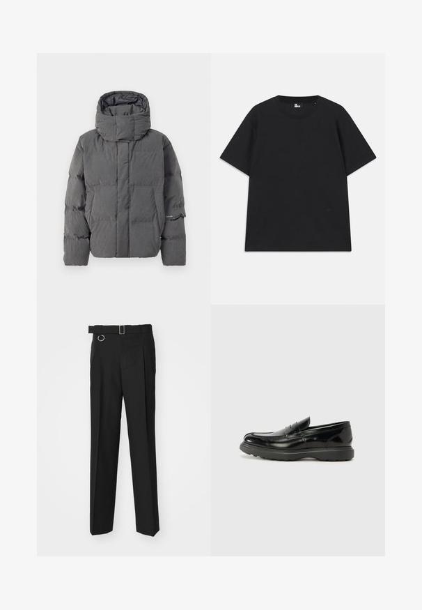 Grå isolerad pufferjacka med hög krage och huva. Har ett quiltat mönster och sidofickor. Slät textur med matt finish.; Svart kortärmad t-shirt i bomull, med rund halsringning och en liten logodetalj nära fållen. Slät textur, normal passform.; Études LOOSE SUIT PANT - Kostymbyxor - black; Svart läderloaferskor med en glänsande yta, rund tå, diskreta söm detaljer och en tjock gummisula för hållbarhet.