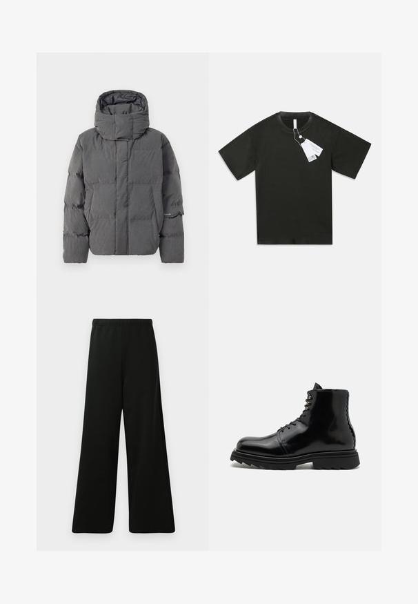 Chaqueta acolchada gris aislante con cuello alto y capucha. Presenta un diseño acolchado y bolsillos laterales. Textura suave con un acabado mate.; Camiseta de algodón negra de manga corta con cuello redondo y etiquetas de producto blancas adjuntas colgando del cuello sobre un fondo blanco liso.; Pantalones de pierna ancha negros hechos de un tejido suave. Cuentan con una cintura elástica, una textura suave y un diseño simple y moderno sin patrones.; The Antipode Botines con cordones - black