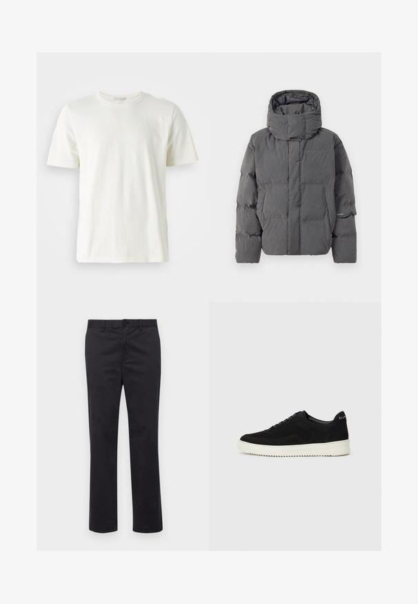 Gray insulated puffer jacket with a high collar and hood. Features a quilted design and side pockets. Smooth texture with a matte finish.; Light cream cotton t-shirt with a round neck and short sleeves. Smooth texture, simple design, and a relaxed fit. No patterns or accents.; Black cotton trousers with a straight leg design, featuring a button closure and belt loops. Smooth texture, no visible patterns or accents.; Black suede sneaker with lace-up design and contrasting white rubber sole. Features textured side panels and subtle branding on the heel.