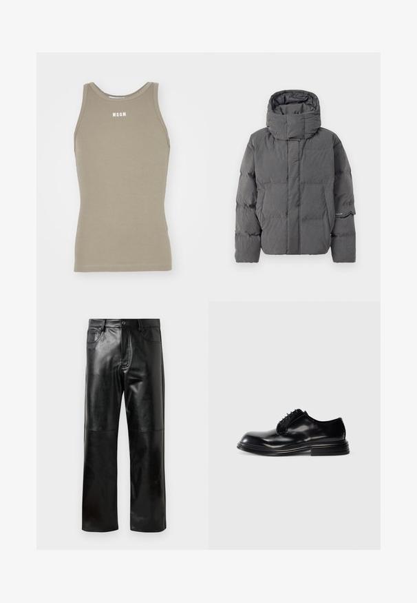 Šedá zateplená péřová bunda s vysokým límcem a kapucí. Obsahuje prošívaný design a boční kapsy. Hladký povrch s matným finish.; Khaki tílový top s racerback vyrobený z elastické bavlny s žebrovanou texturou; má bílou značku "MSGM" na oblasti hrudi.; Černé kalhoty z umělé kůže s rovnými nohavicemi, poutky na pásek, předním knoflíkem, zipovým zavíráním a viditelnými stehy na kolenech a kapsách.; Černé kožené společenské boty se zaoblenou špičkou, hladkým povrchem, šněrováním a vrstvou podpatku. Minimalistický styl bez viditelných log.