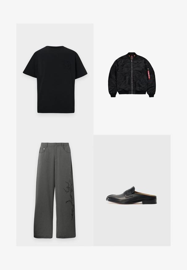 Juodas bomberis, pagamintas iš blizgaus nailono. Turintis priekinį užtrauktuką, įtampos antgalius ir apvadą. Įtrauktos dvi šoninės kišenės ir rankovių kišenė su raudonais akcentais.; Juodas marškinėliai su laisvu siluetu, trumpomis rankovėmis ir subtiliai įspausta raide "B" kairiajame krūtinės šone. Pagaminta iš lygaus medvilnės audinio.; Tamsiai pilkos spalvos, pločio kojas pinstripe kelnės, turinčios priekinės kišenes ir juodą dekoratyvinį raštą kairėje pusėje.; Juodos odinės slip-on tipo bateliai su apvaliu nosiu, žemu blokiniu kulnu ir priekiniais dirželiais. Lygus paviršius su subtiliu logotipo akcentu ant dirželio.