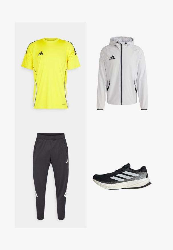 Lehká bílá bunda s kapucí, černým zipem a detaily. Na levé horní části hrudi je logo Adidas.; Žluté sportovní tričko s černými pruhy a akcenty. Vyrobeno z lehkého materiálu, s krátkými rukávy a kulatým výstřihem.; Černé atletické kalhoty se zúženými nohavicemi, elastickým pasem, bočními kapsami a bílým logem a proužky jako ozdobou. Vyrobené z hladkého, lehkého materiálu.; Černá sportovní boty s síťovaným designem, s bílými pruhy, zaoblenou špičkou a texturovanou podrážkou pro lepší přilnavost a oporu.