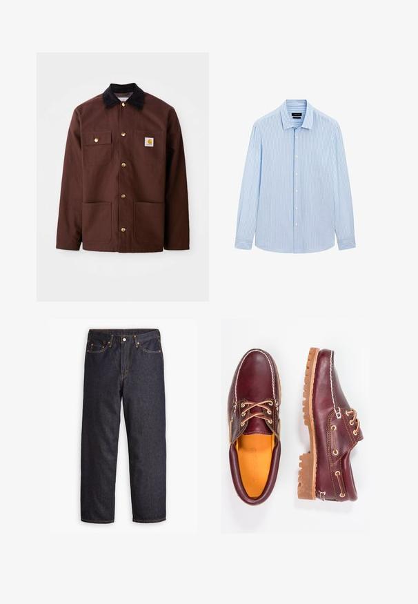 Brązowa bawełniana kurtka z czarnym kołnierzem sztruksowym, złotymi guzikami, dwoma kieszeniami na piersi i kwadratową naszywką z logo na lewej kieszeni.; Jasnoniebieska koszula z długim rękawem, zapinana na guziki, w pionowe białe paski, z kołnierzykiem i prostym dołem. Wykonana z mieszanki bawełny.; Levi's® - Jeansy baggy; Bordowe skórzane buty z brązowymi gumowymi podeszwami, okrągły czubek, białe przeszycia i złote oczka. Wnętrze posiada żółtą podszewkę.