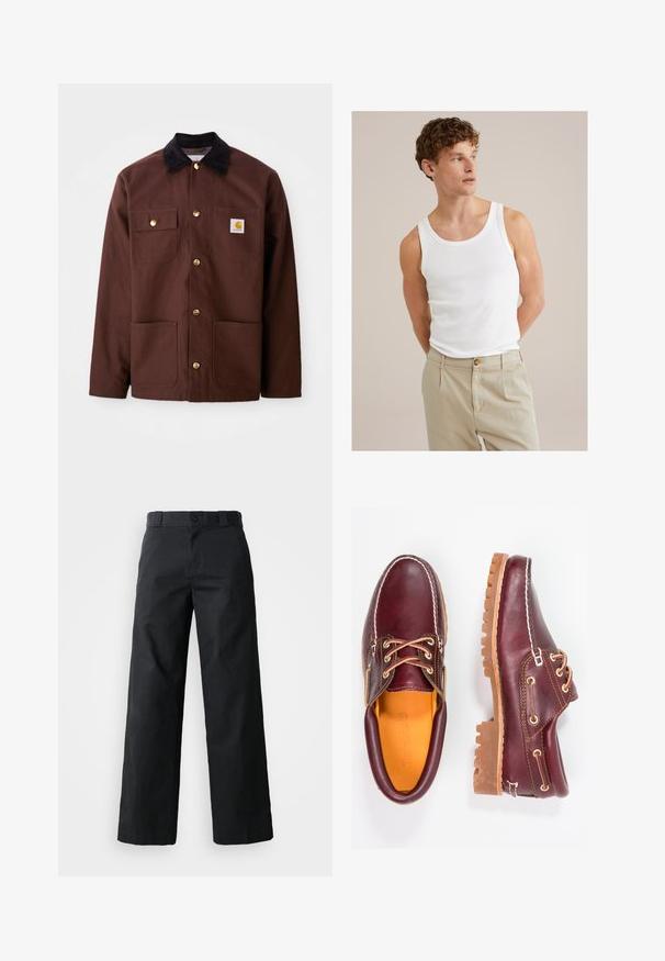 Brūna kokvilnas jaka ar melnu kordūru apkakli, zelta pogām, divām krūšu kabatām un kvadrātveida logotipa uzlīmi uz kreisās kabatas.; Balta kokvilnas bezšuvju blūze ar apaļu kakla izgriezumu un platajām siksnām, kombinēta ar gaismas beidzlaika biksēm ar pogu un krokām.; Melni platajās bikses, izgatavotas no kokvilnas. Tiem ir pogu aizdare, jostas cilpas un sānu kabatas. Gluda tekstūra ar pielāgotu griezumu.; Burgundijas krāsas ādas apavi ar brūniem gumijas zole, apaļiem purngalu, baltu šuvumu un zelta caurumiem. Iekšpusei ir dzeltena oderējums.