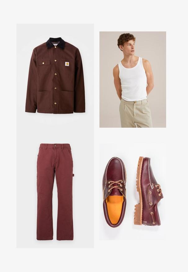 Ruskea puuvillatakki, jossa on musta corduroy-kaulus, kultaiset napit, kaksi rintataskua ja neliön muotoinen logo-patch vasemmassa taskussa.; Valkoinen puuvillapaita, jossa on pyöreä kaula-aukko ja leveät hihnat, yhdistettynä vaaleanbeigeihin housuihin, joissa on nappi ja laskokset.; Miestne rovné pracovné nohavice v tmavo červenej farbe s prednými vreckami, pútkami na opasok, gombíkovým zapínaním a zipsom, a bočným úchytom na náradie.; Burgundin nahkakengät ruskeilla kumipohjilla, pyöreällä kärjellä, valkoisella ompelulla ja kultaisilla nauha-aukkoilla. Sisäpuolella on keltainen vuori.