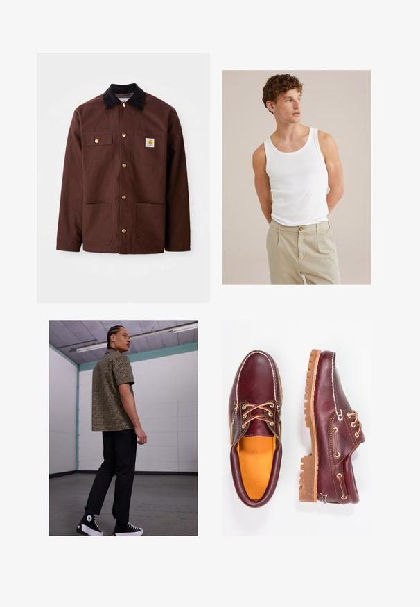 Braune Baumwolljacke mit einem schwarzen Cordkragen, goldenen Knöpfen, zwei Brusttaschen und einem quadratischen Logopatch auf der linken Tasche.; Weißes Baumwoll-Top mit rundem Ausschnitt und breiten Trägern, kombiniert mit hellbeigen Hosen mit einem Knopf und Falten.; Kurzärmliges Leopardenmuster-Hemd in Beige und Schwarz, kombiniert mit schwarzen Hosen und schwarzen High-Top-Sneakern mit weißen Akzenten.; Bordeauxfarbene Lederschuhe mit braunen Gummisohlen, runder Zehenform, weißen Nähten und goldenen Ösen. Das Innenfutter weist eine gelbe Beschichtung auf.