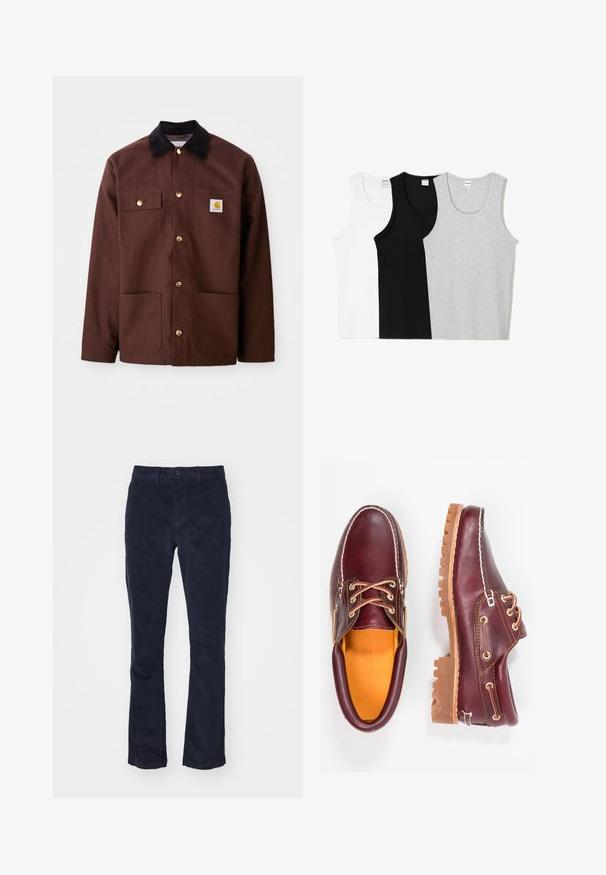 Brązowa bawełniana kurtka z czarnym kołnierzem sztruksowym, złotymi guzikami, dwoma kieszeniami na piersi i kwadratową naszywką z logo na lewej kieszeni.; Trzy topy na ramiączkach w kolorze białym, czarnym i szarym. Każdy z nich ma okrągły dekolt i bezrękawowy fason, wykonany z miękkiej mieszanki bawełny.; DOCKERS - Chinosy; Bordowe skórzane buty z brązowymi gumowymi podeszwami, okrągły czubek, białe przeszycia i złote oczka. Wnętrze posiada żółtą podszewkę.