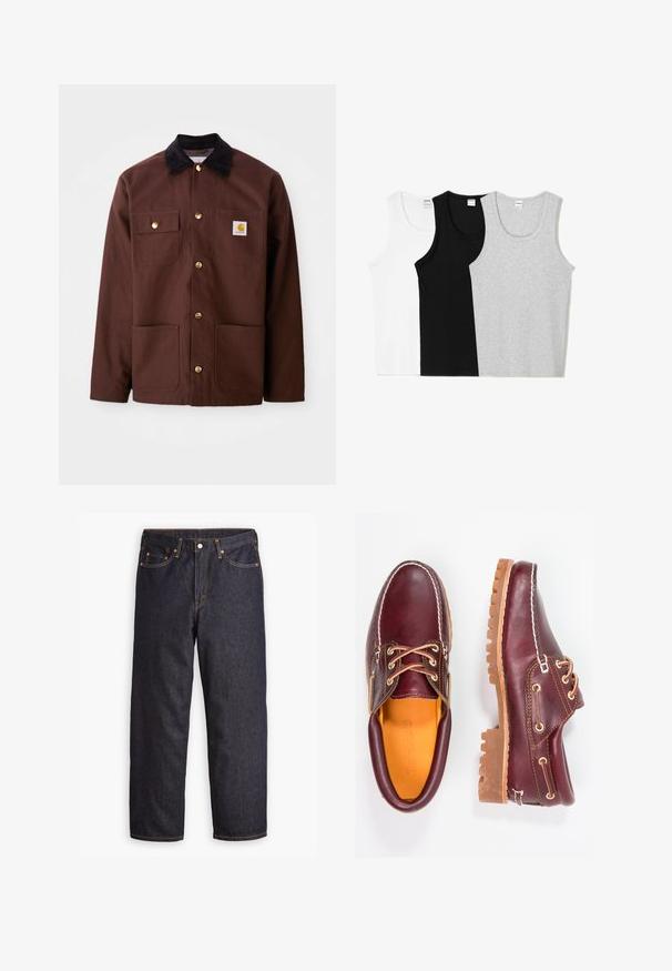 Smeđa pamučna jakna s crnim kordon ovratnikom, zlatnim dugmadi, dvije džepove na prsima i kvadratnom logotip zakrpi na lijevom džepu.; Tri majice bez rukava u bijeloj, crnoj i sivoj boji. Svaka ima okrugli izrez i bešavne rukave, napravljena je od mekanog pamuka.; Levi's® 578® BAGGY - Vrećaste traperice - good as new rinse; Burgundske kožne cipele s smešnim gumenim potplatima, okruglim vrhom, bijelim šavovima i zlatnim rupama za vezivanje. Unutrašnjost ima žutu podstavu.