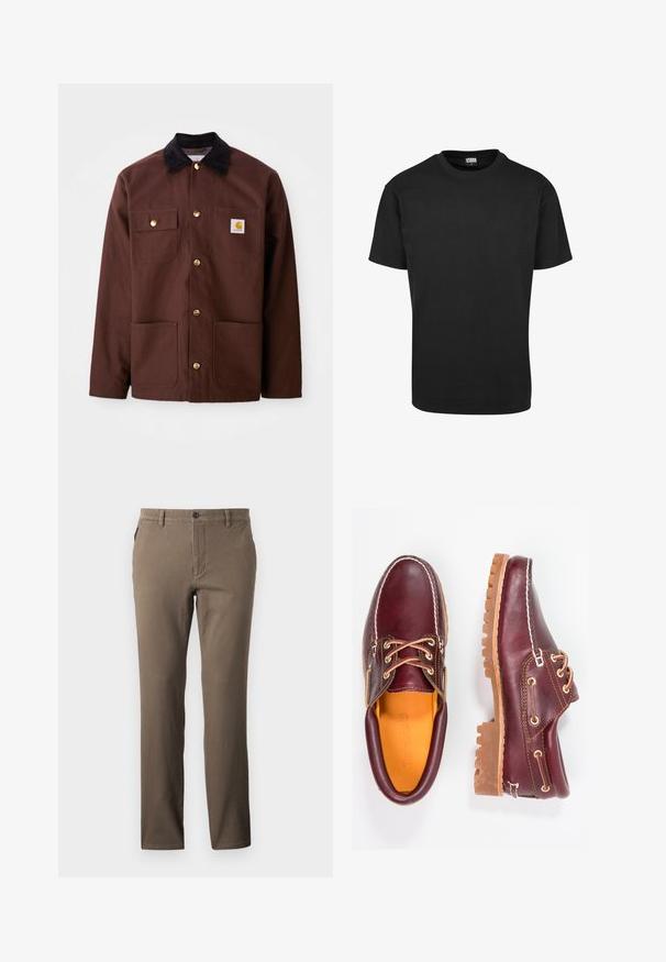 Ruda medvilninė striukė su juodu kordūrojo apykakle, auksiniais mygtukais, dviem krūtinės kišenėmis ir kvadratiniu logotipo pleistru kairėje kišenėje.; Juodas medvilnės marškinėliai su apvaliu iškirpimu, trumpomis rankovėmis ir tiesiu apatine dalimi. Lygus paviršius; paprastas, nepuošnus dizainas.; Rudos, tiesiai prisiūti kelnės, pagamintos iš medvilnės su švelnia tekstūra, su priekinėmis kišenėmis ir vieno mygtuko užsegimu juosmens srityje.; Burgundi odiniai bateliai su rudais guminiais padais, apvaliu pirštu, balta siūle ir auksiniais inkarais. Interjere yra geltonas pamušalas.