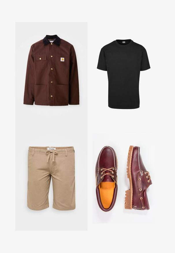 Jachetă din bumbac maro cu guler din catifea neagră, butoane aurii, două buzunare pe piept și un patch pătrat cu logo pe buzunarul stâng.; Tricou din bumbac negru cu guler rotund, mâneci scurte și tiv drept. Textură netedă; design simplu, nepornit.; Pantaloni scurți bej dintr-un material ușor, cu un elastic la talie și șnur, buzunare laterale și o siluetă lejeră.; Pantofi din piele burgundă cu talpă din cauciuc brun, vârf rotund, cusături albe și gauri aurii pentru șireturi. Interiorul are un căptușeală galbenă.