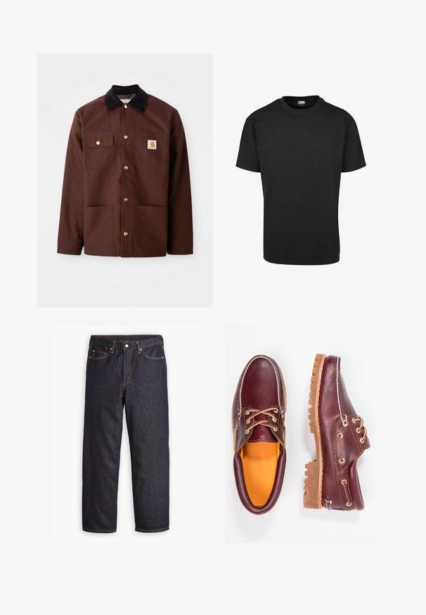 Brown cotton jacket with a black corduroy collar, gold buttons, two chest pockets, and a square logo patch on the left pocket.; Black cotton T-shirt with a crew neckline, short sleeves, and a straight hem. Smooth texture; simple, unadorned design.; Levi's® 578 BAGGY - Baggy Jeans - good as new rinse; Burgundy leather shoes with brown rubber soles, round toe, white stitching, and gold eyelets. Interior features a yellow lining.