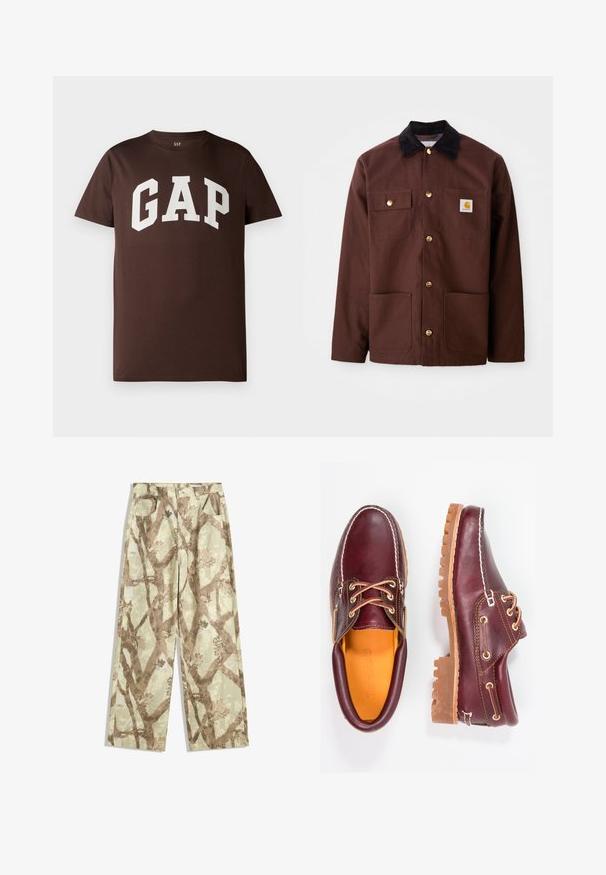 Brązowa bawełniana kurtka z czarnym kołnierzem sztruksowym, złotymi guzikami, dwoma kieszeniami na piersi i kwadratową naszywką z logo na lewej kieszeni.; Brązowa bawełniana koszulka z krótkim rękawem z białym logo "GAP" w wyrazistej, akademickiej czcionce. Okrągły dekolt. Gładka tekstura.; Spodnie wykonane z lekkiego materiału w jasnym zielonym odcieniu, zdobione brązowym wzorem gałęzi drzewa, w szerokim kroju oraz z dwiema przednimi kieszeniami.; Bordowe skórzane buty z brązowymi gumowymi podeszwami, okrągły czubek, białe przeszycia i złote oczka. Wnętrze posiada żółtą podszewkę.
