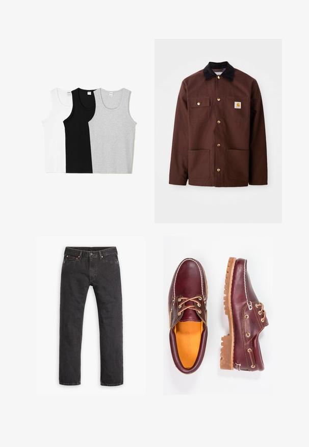 Barna pamutdzseki fekete kordbársony gallérral, arany gombokkal, két mellzsebbel és egy négyzet alakú logóval a bal zseben.; Három ujjatlan top fehér, fekete és szürke színben. Mindegyik kör alakú nyakkivágással rendelkezik, puha pamut keverékből készült.; Fekete egyenes szabású farmernadrág, öt zsebbel, gombos záródással és réz szegeccsel, fehér háttéren elterítve.; Bordó bőr cipő barna gumitalppal, kerek orral, fehér varrással és arany fűzőlyukakkal. A belső tér sárga béléssel rendelkezik.