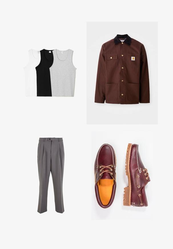 Ruskea puuvillatakki, jossa on musta corduroy-kaulus, kultaiset napit, kaksi rintataskua ja neliön muotoinen logo-patch vasemmassa taskussa.; Kolme hihattomaa toppia valkoisena, mustana ja harmaana. Jokaisessa on pyöreä pääntie ja hihaton muotoilu, valmistettu pehmeästä puuvillasekoitteesta.; Harmaat pleated-housut, jotka on valmistettu sileästä kankaasta, suoran leikkauksen omaavat, yksittäisellä napilla suljettavat ja vyölenkeillä varustetut. Minimalistinen muotoilu.; Burgundin nahkakengät ruskeilla kumipohjilla, pyöreällä kärjellä, valkoisella ompelulla ja kultaisilla nauha-aukkoilla. Sisäpuolella on keltainen vuori.