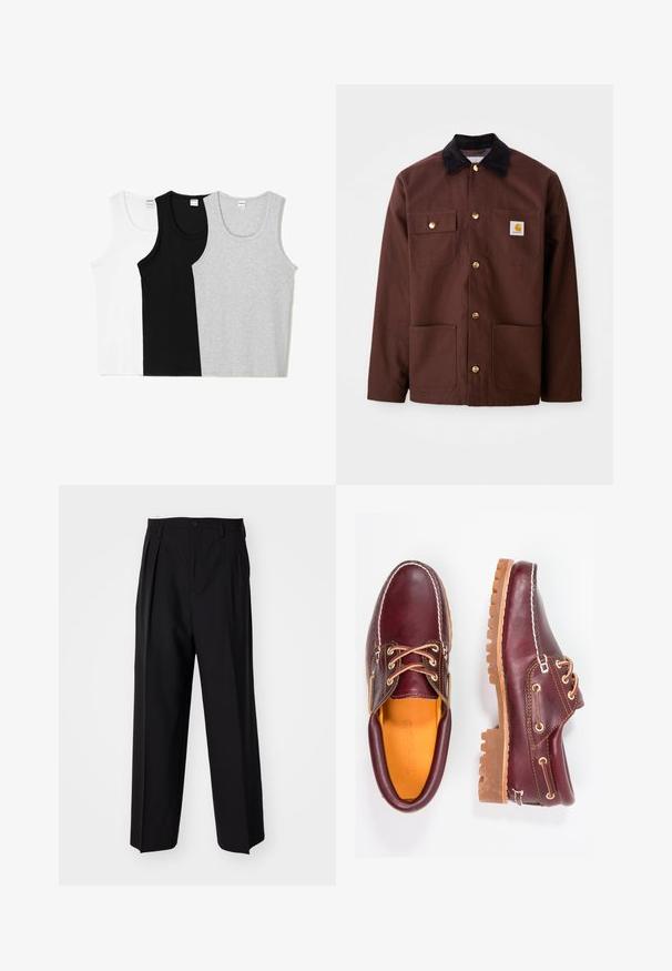 Ruskea puuvillatakki, jossa on musta corduroy-kaulus, kultaiset napit, kaksi rintataskua ja neliön muotoinen logo-patch vasemmassa taskussa.; Kolme hihattomaa toppia valkoisena, mustana ja harmaana. Jokaisessa on pyöreä pääntie ja hihaton muotoilu, valmistettu pehmeästä puuvillasekoitteesta.; Mustat laskostetut housut, joissa on suora, leveä lahje. Valmistettu sileästä kankaasta, jossa on nappisuljenta ja vyölenkit.; Burgundin nahkakengät ruskeilla kumipohjilla, pyöreällä kärjellä, valkoisella ompelulla ja kultaisilla nauha-aukkoilla. Sisäpuolella on keltainen vuori.