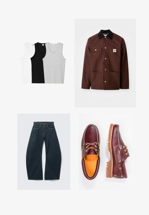 Rjava bombažna jakna z črnim žametnim ovratnikom, zlatimi gumbi, dvema žepoma na prsih in kvadratno oznako na levem žepu.; Tri tank topi v beli, črni in sivi barvi. Vsak ima zaobljen ovratnik in brezrokavni dizajn, izdelan iz mešanice mehkega bombaža.; Temno modre široke kavbojke iz jeansa, s petimi žepi, vidnim šivom, zapenjanjem na gumbe in čistim zaključkom.; Burgundske usnjene čevlje z rjavimi gumijastimi podplati, okrogla kapica, beli šivi in zlate luknje za vezalke. Notranjost je obložena s rumeno podlogo.