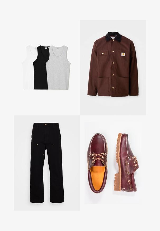 Brun bomullsjacka med en svart kordflosskrage, guldknappar, två bröstfickor och en fyrkantig logotyp-patch på vänster ficka.; Tre linnen i vitt, svart och grått. Varje linne har en rundad halsringning och är utan ärmar, tillverkat av en mjuk bomullsblandning.; Svarta denimbyxor med rak bendesign, med guld accenter och synlig sömnad på fram- och bakfickorna.; Burgundy läderskor med bruna gummisulor, rund tå, vit söm och gyllene öljetter. Inredningen har en gul foder.