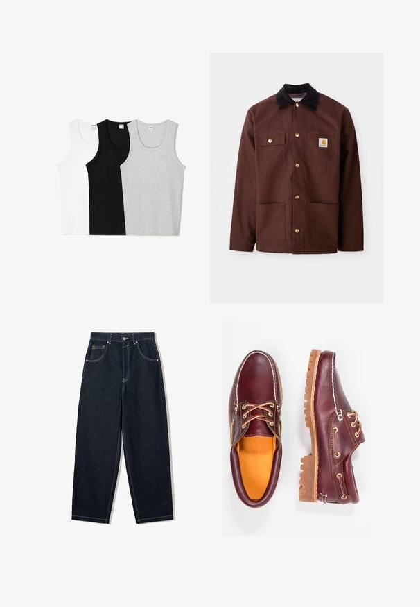 Hnedá bavlnená bunda s čiernym jemným kordom na golieri, zlatými gombíkmi, dvoma náprsními vreckami a štvorcovou nášivkou na ľavom vrecku.; Tričko bez rukávov v bielej, čiernej a sivej farbe. Každé má zaoblený výstrih a je vyrobené z jemnej zmesi bavlny.; Široké tmavé denims nohavice s kontrastným bielym prešívaním, piatimi vreckami a zapínaním na gombík. Vyznačujú sa vysokým pásom.; Bordové kožené topánky s hnedými gumovými podrážkami, okrúhlou špičkou, bielym prešívaním a zlatými kovaniami. Interiér má žlté podšívku.