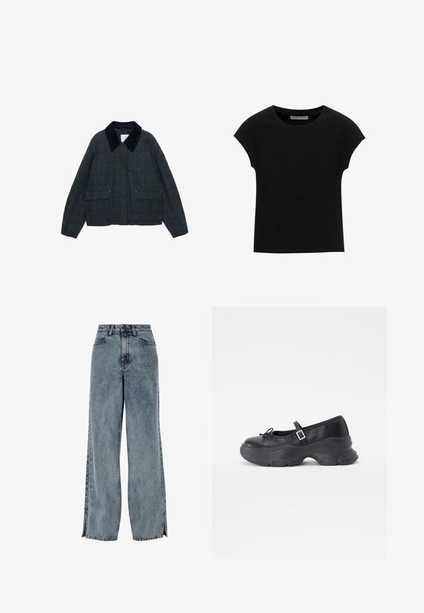 Groene en marineblauwe geruite jas met een corduroy kraag, twee voorzakken, knoopaccenten en een vierkante pasvorm. Soepele textuur, lichtgewicht materiaal.; Zwart T-shirt met korte mouwen en een ronde halslijn. Gemaakt van soepel, rekbaar katoenen stof. Eenvoudig ontwerp zonder patronen of afbeeldingen.; Lichtblauwe denim jeans met wijde pijpen en een vervaagde wassing, voorzien van voorkanten, een knoopsluiting en zijsplitdetails aan de zoom.; Zwarte leren Mary Jane-schoen met een ronde neus, strikdetails en een verstelbare enkelband. Beschikt over een chunky rubberen zool met gebogen accenten.