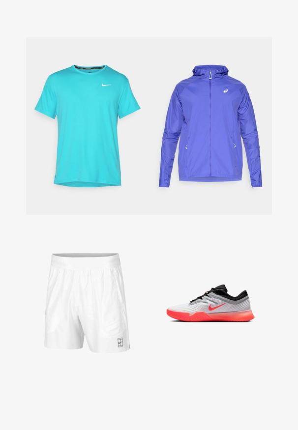 Lengvas purpurinis švarkas su užtrauktuku priekyje, gobtuvu ir atspindinčiu logotipu. Yra elastingi rankogaliai ir šoniniai kišeniai. Lygus, vandeniui atsparus paviršius.; Turkio spalvos Nike marškinėliai, pagaminti iš švelnios, lygaus audinio. Trumpomis rankovėmis, apvalia iškirpte, su mažu baltu logotipu ant krūtinės ir šoninėmis skeltukais.; Balti sportiniai šortai, pagaminti iš lengvos medžiagos, su elastinga juosta, su dviem šoninėmis kišenėmis ir mažu juodu logotipu ant apatinio krašto.; Baltos ir juodos sportinės bateliai su ryškiai oranžine padu ir Nike swoosh, žemo kirpimo dizainas, ir tekstūruota sukibimo danga priekinėje pado dalyje.
