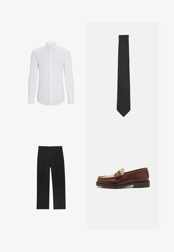Hnědý dlouhý kabát s jedním knoflíkem vpředu, bočními kapsami a rovnými liniemi. Vyroben z hladkého materiálu s minimálními švy.; Bílé pánské košile s dlouhým rukávem a špičatým límcem, přední zapínání na knoflíky, hladká textura a upravený střih. Bez vzorů či zdobení.; Černé kalhoty s rovnými nohavicemi, vyrobené z hladké tkaniny. Mají přední záhyby a jedno knoflíkové zapínání v pase.; Hnědé kožené mokasíny s taupe plátěným akcentem, prošívanými detaily a texturovanou gumovou podrážkou navrženou pro pohodlí a odolnost.; Černý motýlek vyrobený z hladké látky, s úzkým, dlouhým tvarem a špičatým koncem, bez viditelných vzorů či akcentů.