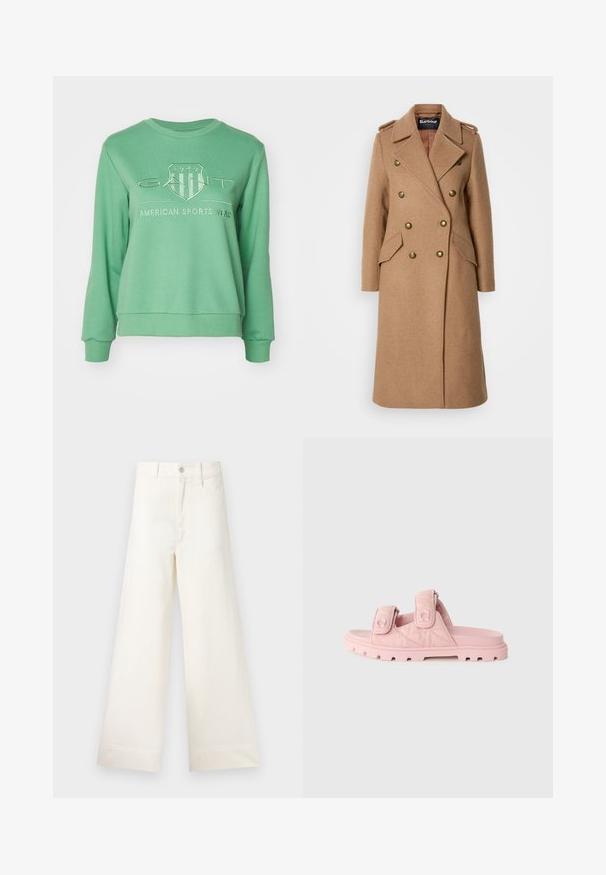 Długi dwurzędowy płaszcz w jasnobrązowej wełnianej mieszance, z złotymi guzikami, klapami i bocznymi kieszeniami. Gładka tekstura.; GANT - Bluza; Szerokie spodnie w jasnym beżowym kolorze wykonane z bawełny. Charakteryzują się wysokim stanem, kieszeniami z przodu oraz prostym krojem. Czyste wykończenie brzegów bez wzorów.; Różowe klapki z podwójnymi regulowanymi paskami na rzep, tekstylną cholewką oraz wytrzymałą, grubą podeszwą z głębokim bieżnikiem.