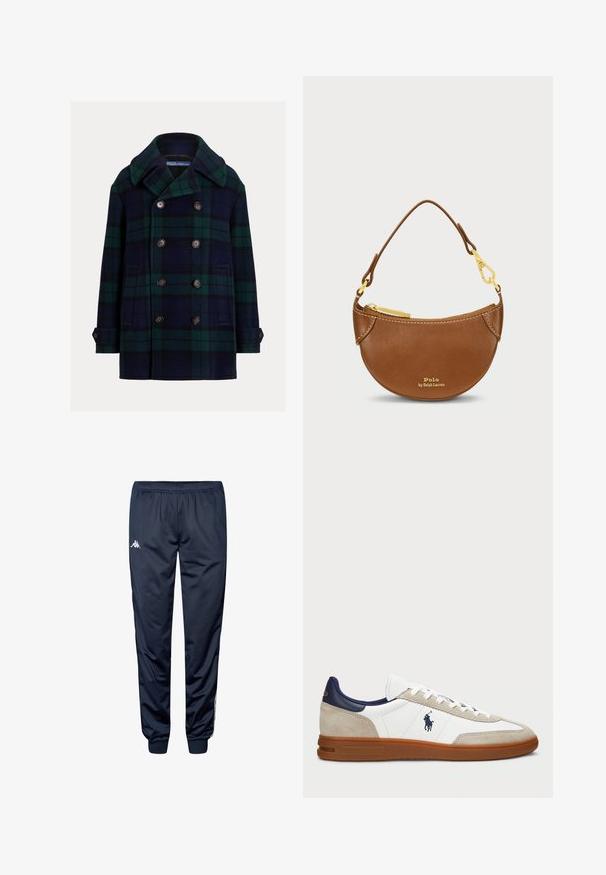 Tummansininen ja vihreä ruutukuosinen kaksirivinen merikotka. Villaa, lovettu kaulus ja suuret ruskeat napit. Sivutaskut.; Kermanshiri cable-knit villapaita, jossa on V-pääntie ja tummansinisiä sekä vaaleansinisiä raitoja kauluksessa ja alahelmassa.; Musta vihreä pitkähihaisen pyöreäkauluspaidan, jossa on pieni purppuranvärinen brodeerattu hevoslogo vasemmassa rintapielessä, esitelty valkoista taustaa vasten.; Sotilasininen urheiluhousut, joissa on joustava vyötärö, resorit nilkoissa ja valkoinen Kappa-logo vasemmassa yläreidessä.; Valkoiset ja beige tennarit, joissa on nahka- ja mokkanahka päällinen, tummansinisiä yksityiskohtia ja ruskea kumipohja. Mukana on logo sivuilla ja nauhakuormitus.; Ruskea nahkabag, jossa on kaareva muoto ja kultaiset yksityiskohdat. Varustettu päävetoketjulla ja kohokuvioidulla logolla edessä. Mukana lyhyt kahva.