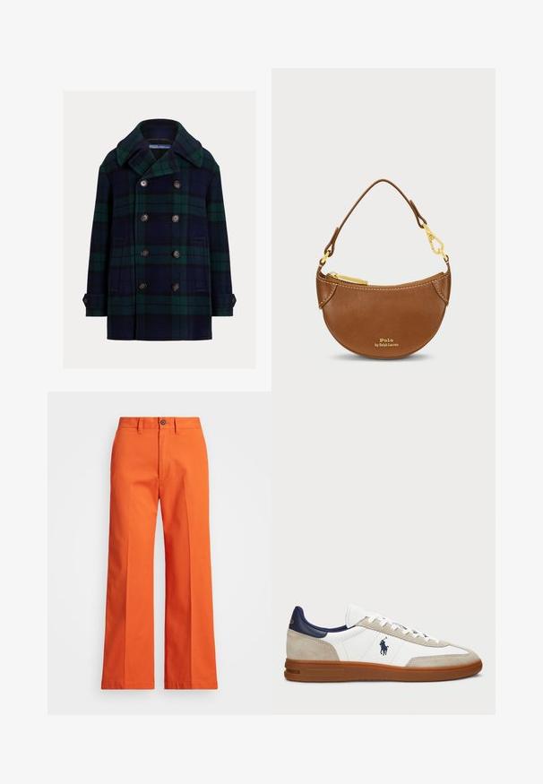 Dvoredni palton od plavka u tamnoplavoj i zelenoj karo šari. Izrađen od vune s ovratnikom s urezom i velikim smeđim gumbima. Ima bočne džepove.; Kremasti pulover od pletenog uzorka s V-izrezom, koji ima tamnoplave i svijetloplave pruge na ovratniku i donjem rubu.; Tamnozeleni dugih rukava majica s crew neck izrezom s malim ljubičastim izvezenim logotipom konja na lijevoj strani prsiju, prikazana na bijeloj pozadini.; Narančaste široke hlače napravljene od pamuka. Sadrže prednje džepove i kopčanje dugmetom. Glatka tekstura, čisti šavovi i krojena izrada.; Bijele i bež tenisice s gornjim dijelom od antilopa i kože, mornarskim akcentima i smešnim gumiranim đonom. Sadrže logo sa strane i dizajn s patentnim zatvaračem.; Smeđa kožna torba zakrivljenog oblika s zlatnim metalnim dijelovima. Ima kopču na vrhu i utisnutu oznaku sprijeda. Uključena kratka ručka.