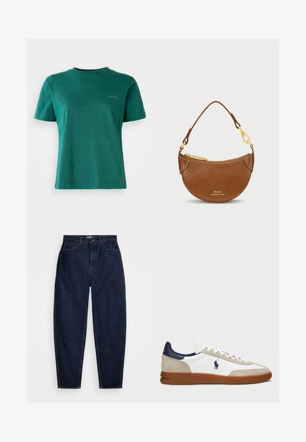 Casaco peacoat de abotoamento duplo com padrão de xadrez azul escuro e verde. Feito de lã, com gola entalhada e grandes botões castanhos. Apresenta bolsos laterais.; Suéter creme com padrão de malha trançada e decote em V, apresentando riscas azul marinho e azul claro na gola e na bainha inferior.; Camiseta verde de manga curta feita de tecido macio, com um decote redondo e um discreto detalhe de logo na parte da frente.; Jeans em denim azul escuro com um corte reto, apresentando costuras laranja, fecho frontal com botão e cinco bolsos.; Sapatilhas brancas e bege com um cabedal em camurça e pele, detalhes em azul-marinho e uma sola em borracha castanha. Apresenta o logótipo na lateral e um design com atacadores.; Bolsa de pele castanha com uma forma curva e hardware dourado. Apresenta um fecho superior e logótipo em relevo na frente. Inclui uma alça curta.