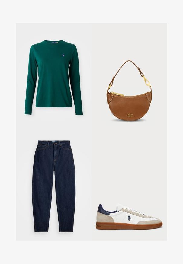 Topeltrinnaline meremehe mantel tumedsinises ja rohelises ruudulises mustris. Valmistatud villast, põhjakraega ja suurte pruunide nuppudega. Omab küljetaskuid.; Kreemivärvi nööriga kudum, millel on V-kaelus, ja mis sisaldab tumesiniseid ja helesiniseid triibusid krae ja alumise äärise peal.; Tumedast rohelisest pika varrukaga T-särgist, millel on vasakul rinnal väike lillakas tikitud hobuse logo, esitatud valgel taustal.; Tumedast sinisest denimist sirge jala lõikega teksad, millel on oranž õmblemine, ees nupukinnitus ja viis taskut.; Valged ja beežid sneakers, mille pealis on valmistatud nahast ja sugudest, mereväe aktsentidega ning pruuni kummitaldaga. Omab logot külgedel ja paeltega disaini.; Pruun nahast kott, millel on kõver kuju ja kuldne riistvara. Varustatud ülemise tõmblukuga ja esiküljel reljeefne logo. Kaasa on lühike käepide.