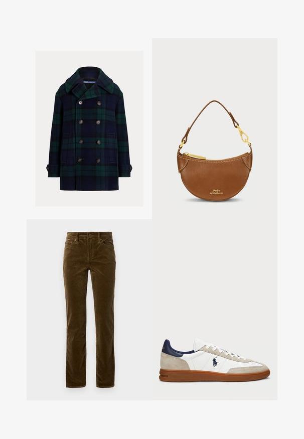 Casaco peacoat de abotoamento duplo com padrão de xadrez azul escuro e verde. Feito de lã, com gola entalhada e grandes botões castanhos. Apresenta bolsos laterais.; Suéter creme com padrão de malha trançada e decote em V, apresentando riscas azul marinho e azul claro na gola e na bainha inferior.; Lauren Ralph Lauren STRETCH CORDUROY STRAIGHT TROUSER - Calças - botanic green; Sapatilhas brancas e bege com um cabedal em camurça e pele, detalhes em azul-marinho e uma sola em borracha castanha. Apresenta o logótipo na lateral e um design com atacadores.; Bolsa de pele castanha com uma forma curva e hardware dourado. Apresenta um fecho superior e logótipo em relevo na frente. Inclui uma alça curta.