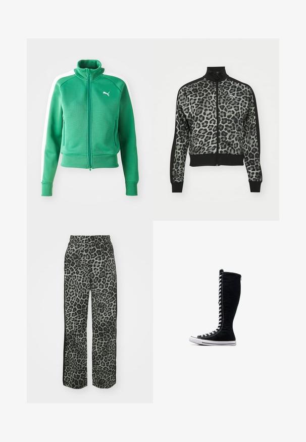 Leopárdmintás, cipzáros dzseki fekete kiegészítőkkel, magas gallérral és bordázott mandzsettákkal. Puha anyagból készült, testhezálló fazonban, logódísszel.; Zöld cipzáras kapucnis pulóver texturált anyagból, bordázott mandzsettákkal és alsó szegéllyel, fehér oldalsó panelekkel és fehér logóval a mellkason.; Fekete, rövid ujjú póló sima pamut anyagból készült, kerek nyakkivágással és testhezálló fazonnal. Minimalista, látható minták nélkül.; Szürke árnyalatú leopárdmintás nadrág, laza fit, rugalmas derékpánttal és fekete oldalrészletekkel a plusz részletességért és kontrasztért.; Fekete magasszárú tornacipők, magas kialakítással, vászonból készült. Fehér fűzőkkel, varrással és gumitalppal rendelkezik, melynek elülső része meg van erősítve.