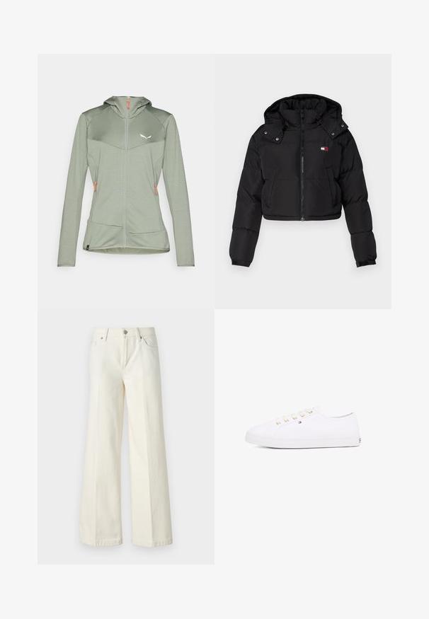 Čierna skrátená prešívaná bunda so zipsom vpredu, kapucňou a elastickými manžetami. Obsahuje malé logo na oblasti hrude. Hladká, zateplená látka.; Svetlozelená bunda s kapucňou na zips z textúrovanej látky, s oranžovými zipsami a bielym logom na hrudi. Obsahuje dve bočné vrecká.; Krátke tričko s okrúhlym výstrihom v námorníckej modrej farbe s bielym nápisom "Tommy Hilfiger EST. 1985" a logom na prednej strane.; Biele džínsy s širokými nohavicami vyrobené z bavlnenej zmesi. Majú zips, päť vreciek a švy so zafarbením.; Biele plátkové tenisky so zlatými očkami, plochými šnúrkami, textúrovanou gumovou podrážkou a minimálnym brandingom na strane. Nízky profil.
