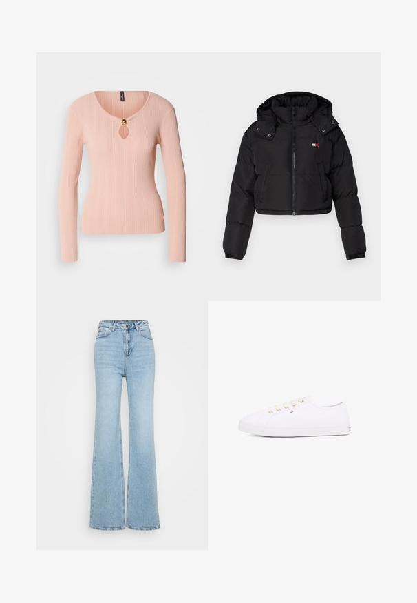 Crni skraćeni puffer jakna s patentnim zatvaračem sprijeda, kapuljačom i elastičnim manžetama. Ima mali logo na području prsa. Glatka, izolirana tkanina.; Ribana majica dugih rukava u mekoj ružičastoj boji s dekolteom u obliku ključa i zlatnim dugmetom kao akcentom. Prilagođeni dizajn s glatkom teksturom.; Svijetloplave trapezaste traperice s visokim strukom, pet džepova i sirovo obrađenim rubom na dnu. Tekstura je blago istrošena.; Bijela platnena tenisica s zlatnim očicama, ravnim vezicama, teksturiranom gumenom potplatom i minimalnim brandom sa strane. Nizak profil dizajna.