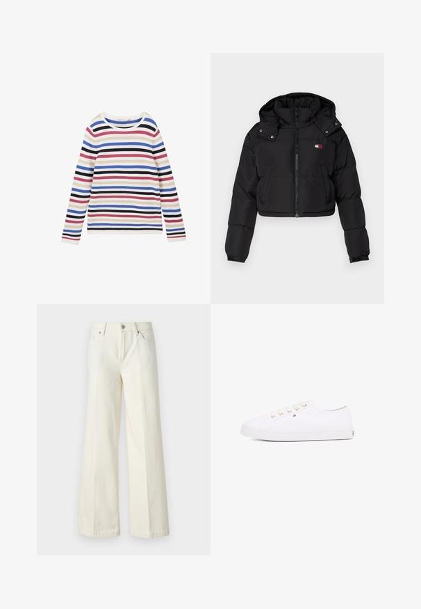 Schwarze, cropped Pufferjacke mit Reißverschluss vorne, Kapuze und elastischen Bündchen. Besitzt ein kleines Logo im Brustbereich. Glattes, isoliertes Material.; Gestreiftes Langarmoberteil aus Rippstoff mit horizontalen Streifen in Weiß, Rosa, Blau, Schwarz und Lila sowie einem runden Ausschnitt.; Weite weiße Jeans aus einem Baumwollmischgewebe. Verfügt über einen Reißverschluss, ein Fünf-Taschen-Design und Nähte entlang der Säume.; Weißes Leinensneaker mit goldenen Ösen, flachen Schnürsenkeln, strukturiertem Gummisohle und minimalem Branding an der Seite. Niedriges Profil.