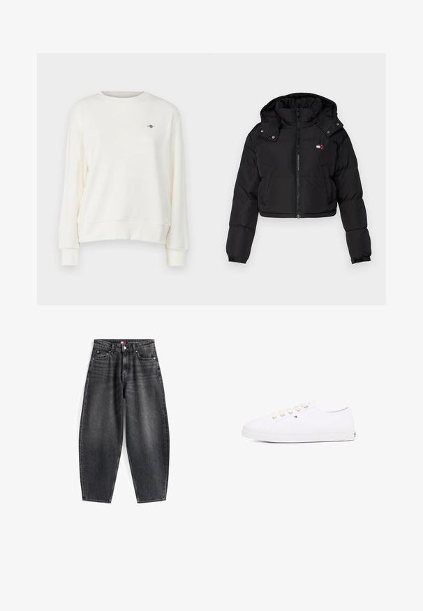 Chaqueta de plumas corta negra con cremallera frontal, capucha y puños elásticos. Presenta un pequeño logotipo en la zona del pecho. Tejido suave e aislante.; Sudadera de cuello redondo en color crema, con mangas largas y un sutil acento de logo en el pecho. Textura de tela suave y lisa.; Vaqueros de mezclilla negros de tiro alto con un corte relajado, que cuentan con cinco bolsillos, presillas para cinturón y una etiqueta de marca en la cinturilla.; Zapatillas de lona blancas con ojales dorados, cordones planos, suela de goma texturizada y un branding mínimo en el lateral. Diseño de perfil bajo.