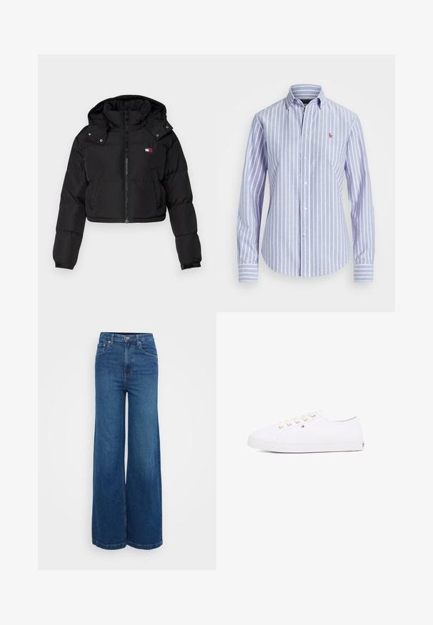 Chaqueta de plumas corta negra con cremallera frontal, capucha y puños elásticos. Presenta un pequeño logotipo en la zona del pecho. Tejido suave e aislante.; Camisa de botones a rayas azul y blanca con cuello, que presenta un pequeño logotipo bordado en el pecho y puños con botones. Textura de tela suave.; Jeans de pierna ancha en denim azul oscuro. De cintura alta con una textura suave, cuentan con bolsillos frontales y un cierre de cremallera con botón.; Zapatillas de lona blancas con ojales dorados, cordones planos, suela de goma texturizada y un branding mínimo en el lateral. Diseño de perfil bajo.