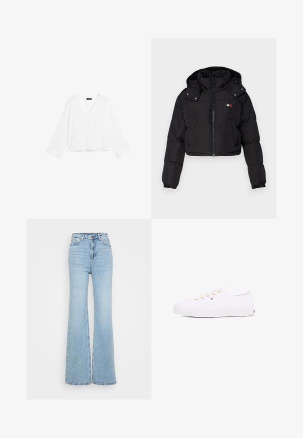 Giubbotto puff corto nero con zip frontale, cappuccio e polsini elasticizzati. Presenta un piccolo logo sulla zona del petto. Tessuto liscio e isolato.; Blusa bianca tagliata con maniche lunghe, scollo a V e chiusure decorative con bottoni sul davanti. Tessuto morbido e vestibilità rilassata.; Jeans flared blu chiaro in denim, con vita alta, design a cinque tasche e orlo grezzo in fondo. La trama è leggermente usurata.; Sneaker bianco in tela con occhielli dorati, lacci piatti, suola in gomma strutturata e branding minimale sul lato. Design a profilo basso.