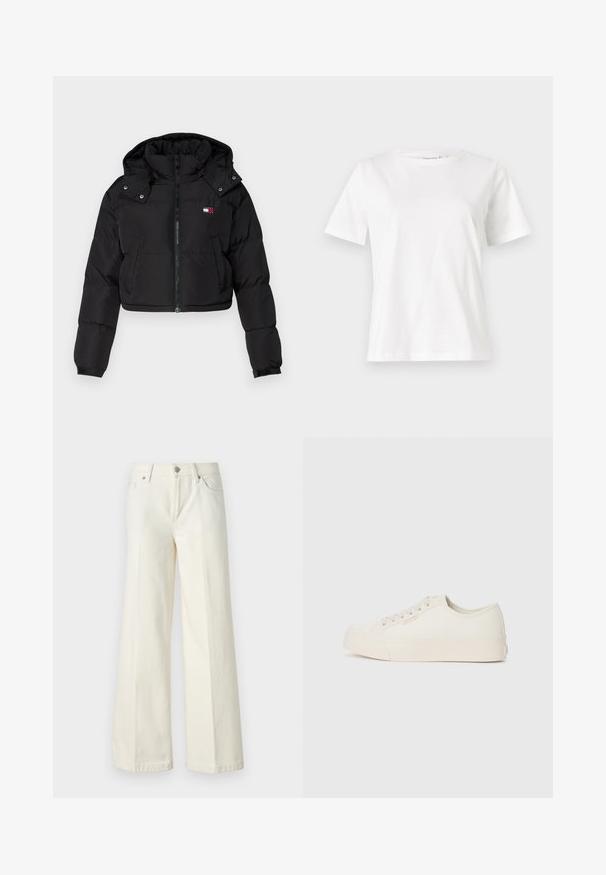 Sort kort pufferjakke med lynlåsfront, hætte og elastiske manchetter. Har et lille logo på brystområdet. Glat, isoleret stof.; Hvid bomulds t-shirt med korte ærmer, rund halsudskæring og en afslappet pasform. Glat tekstur, ingen mønstre eller accenter, minimalistisk design.; Videbenede hvide jeans lavet af en blanding af bomuldsstof. Har en lynlås i fronten, fem lommer og syninger langs sømmene.; Sneakers lavet af off-white canvas, med et low-top design, rund tå og flad gummisål med diskrete syninger.